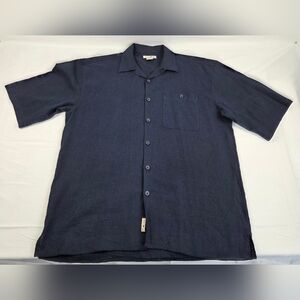 Trust USA Shirt Mens 2XL Dark Blue Short Sleeve Button Up Solid Linen Rayon